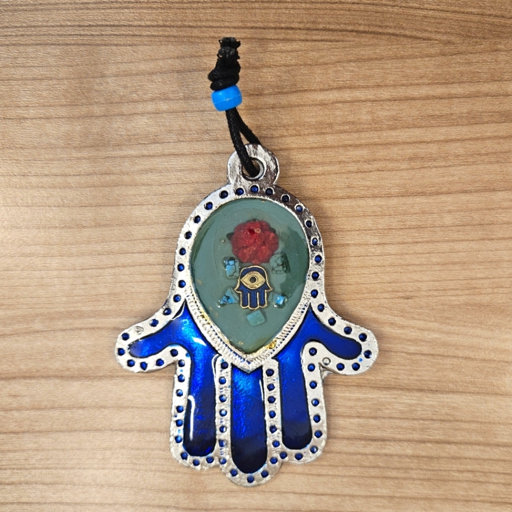 Antique Original Glass Blue Brass Eye Palm Pendant Rare Protect Evil Envy 4"x3"